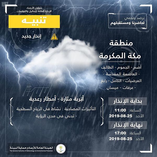 “الأرصاد ” تنبه من هطول أمطار رعدية على عدد من محافظات منطقة مكة المكرمة
