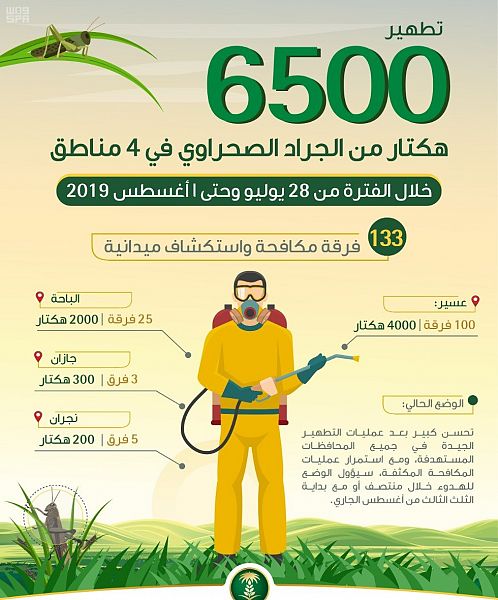 “البيئة” : 133 فرقة ميدانية تكافح 6500 هكتار من الجراد الصحراوي في 4 مناطق