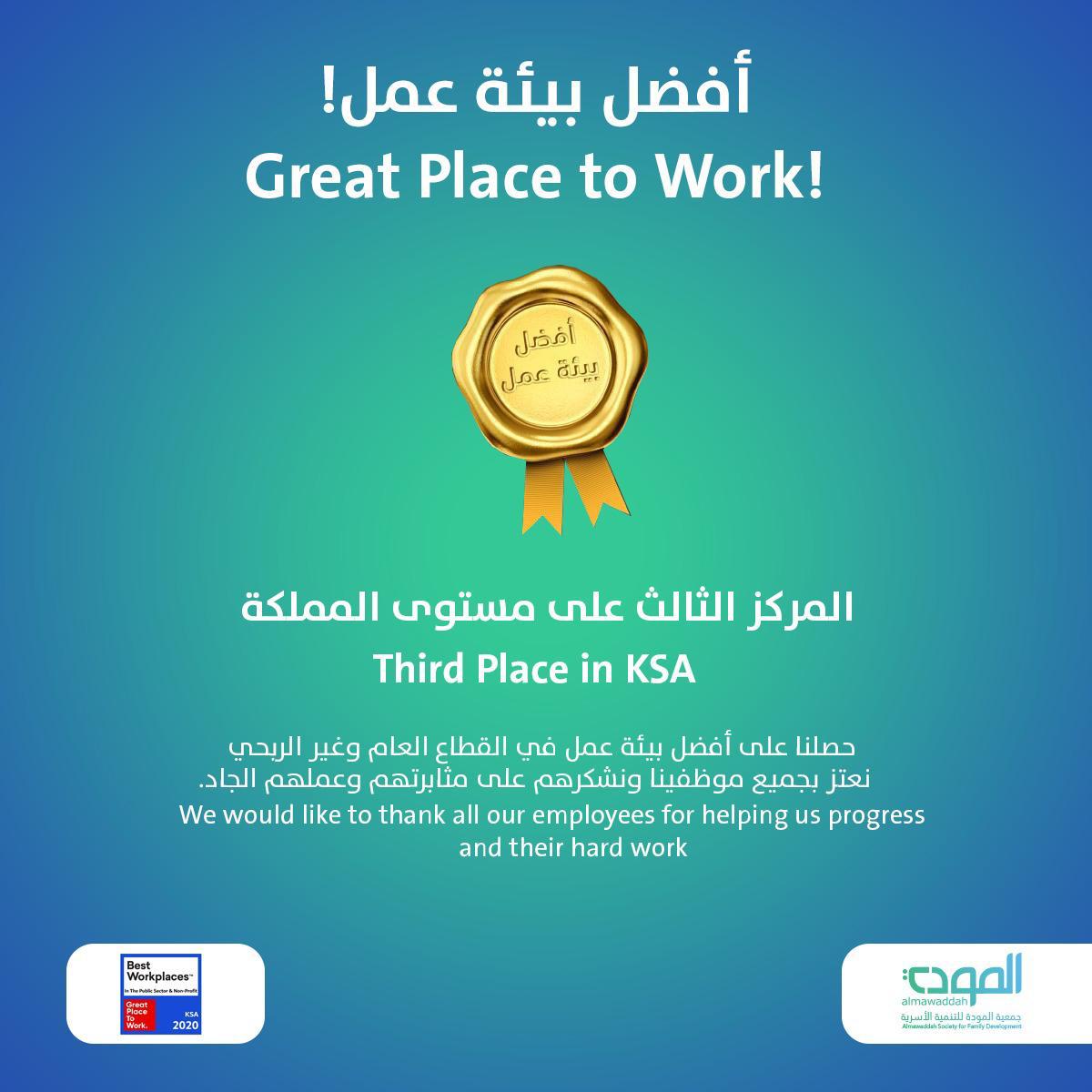 جمعية المودة الثالث على مستوى المملكة في تصنيف المنظمة العالمية لأفضل بيئة عمل