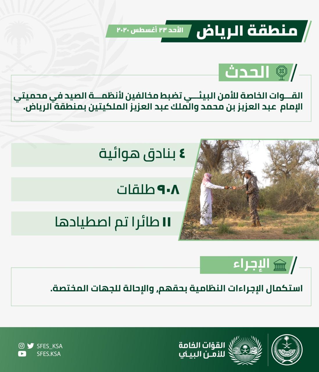 ضبط ٦مخالفين لأنظمة الصيد بمحمية الامام عبد العزيز الملكية
