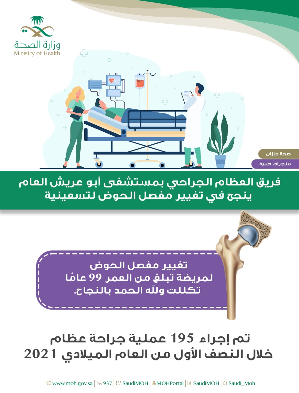 فريق العظام الجراحي بمستشفى أبو عريش العام ينجح في تغيير مفصل الحوض لتسعينية