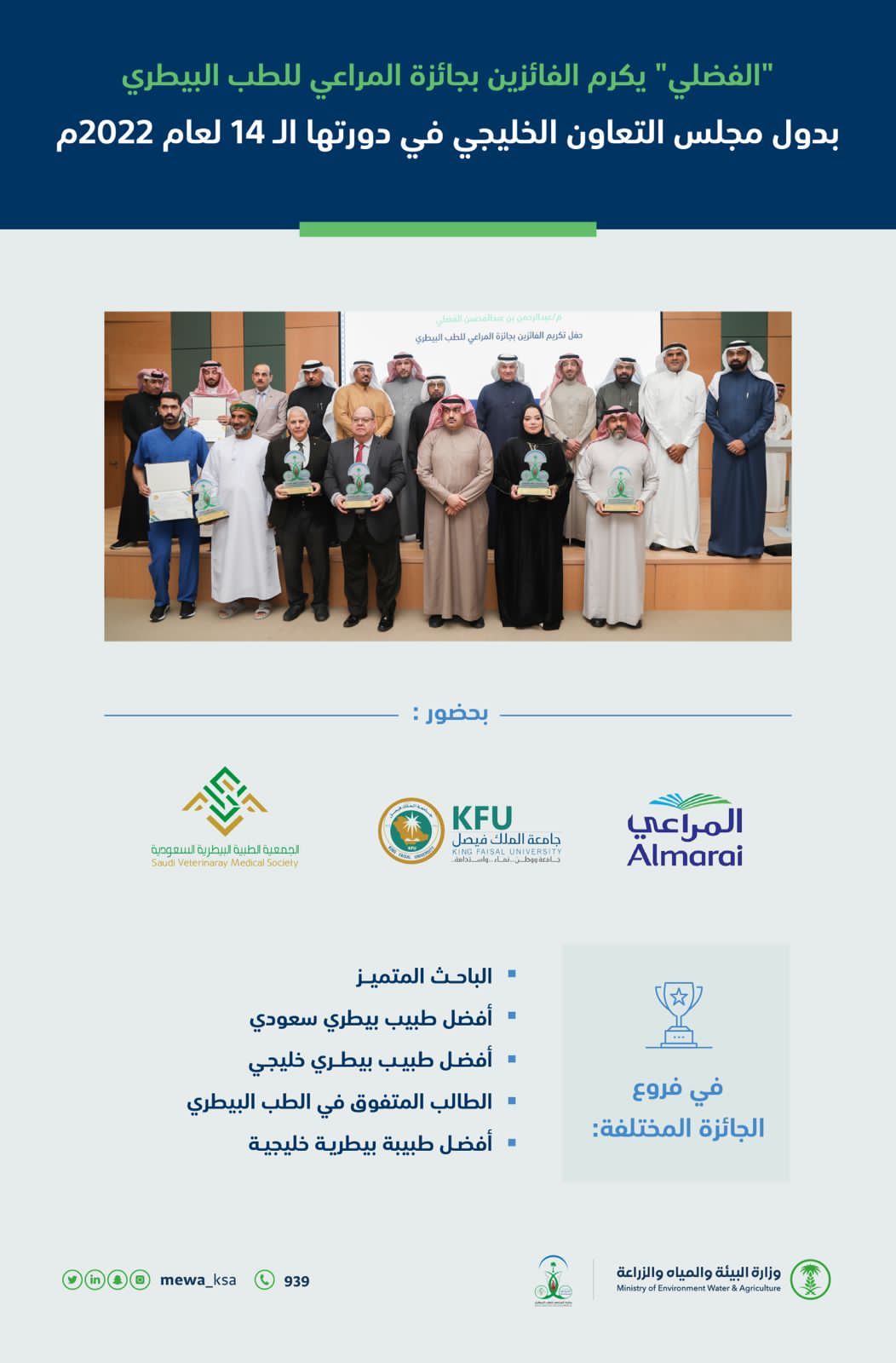 “الفضلي” يكرم الفائزين بجائزة المراعي للطب البيطري لدول مجلس التعاون الخليجي 2022