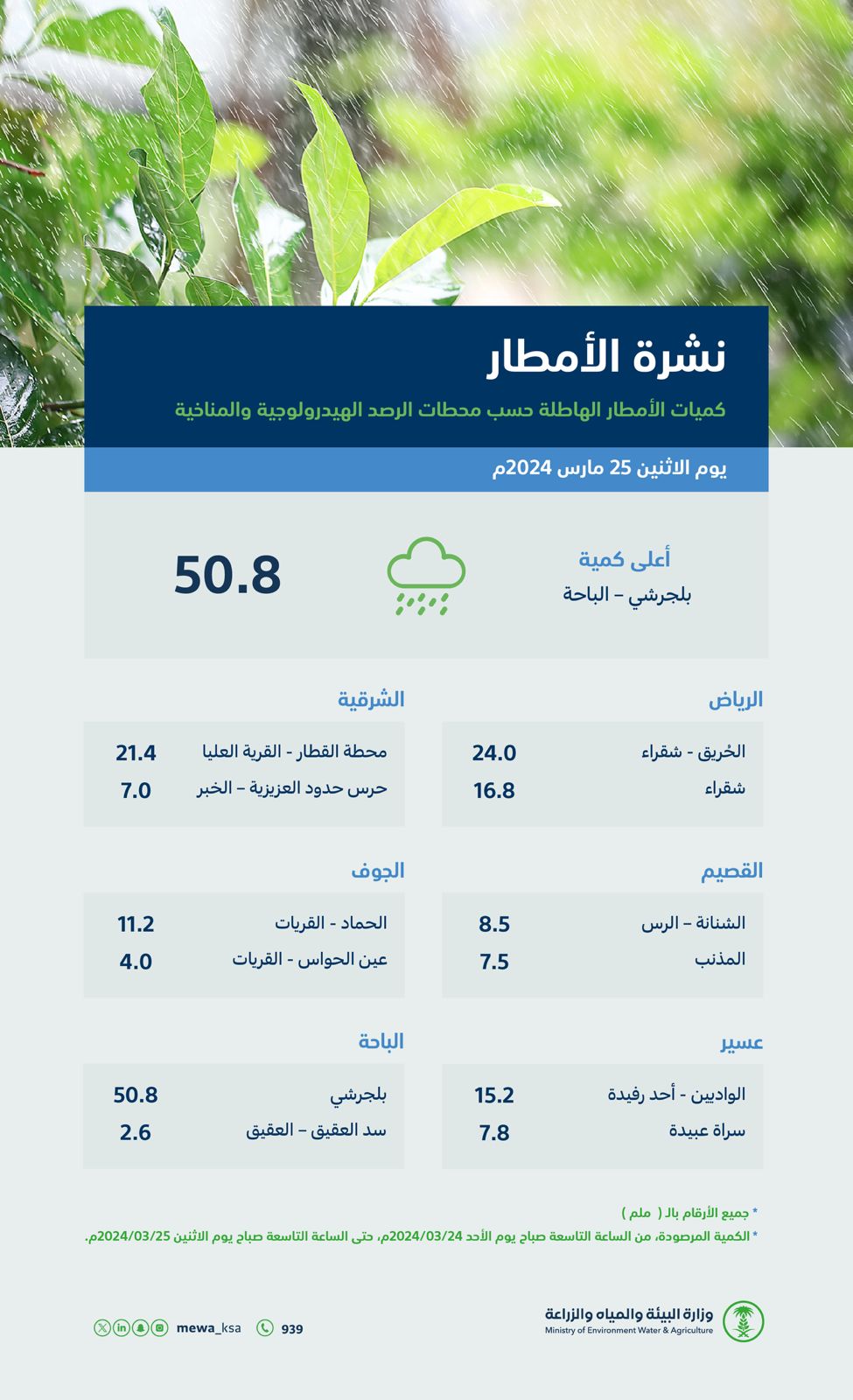 البيئة”: (10) مناطق تستقبل هطول الأمطار في (69) محطة